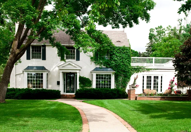 Two-story white home with many windows and a big yard with a tree out front.