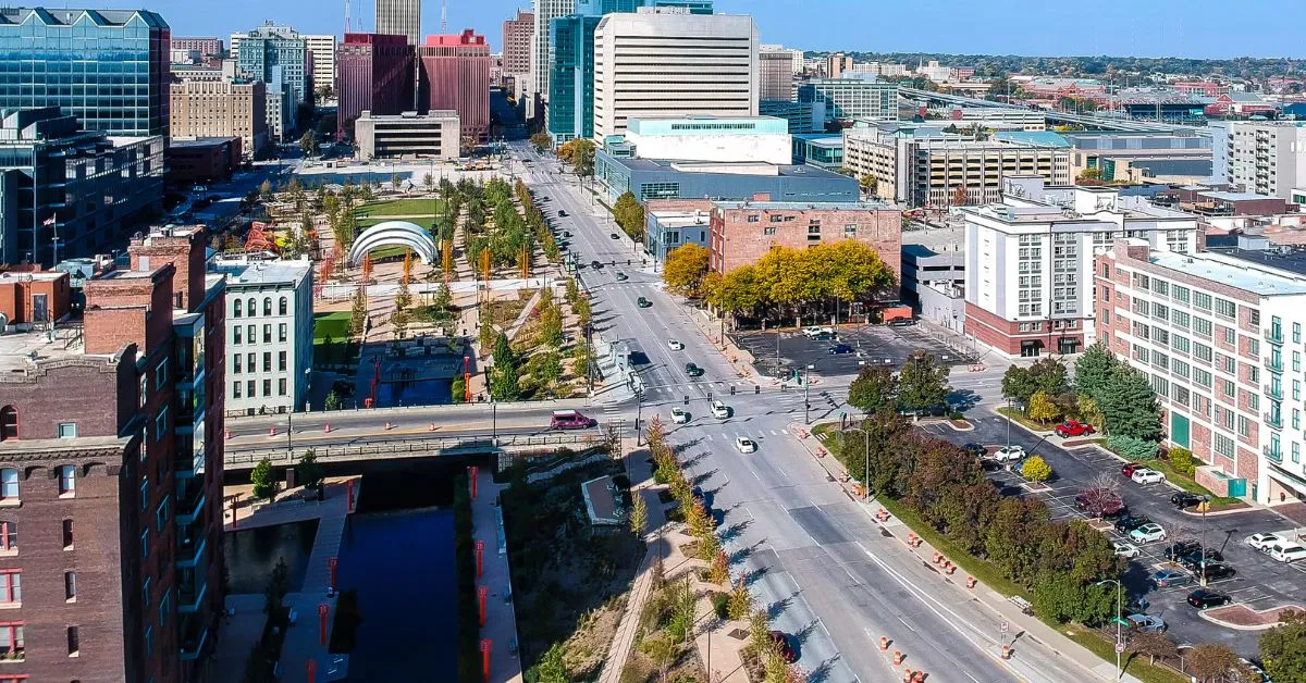 Downtown Omaha on a sunny day featuring the Gene Leahy Mall.